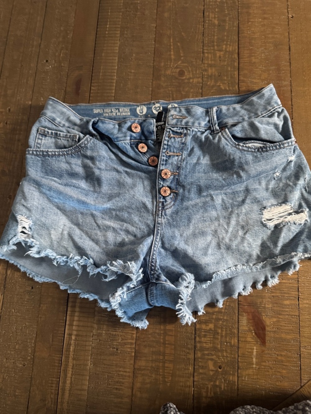 Light Wash Distressed Button-Fly Denim Shorts